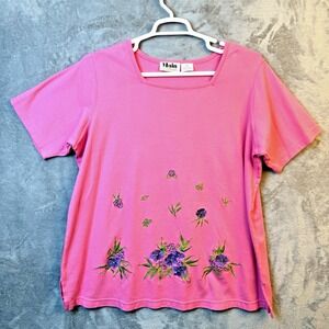 Main Street Womens Shirt Size 1X Floral Embroidered Pink Top Cottage Core Boho
